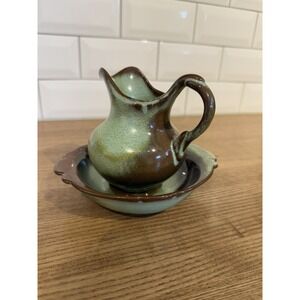 Vintage Frankoma Art Pottery Pitcher And Bowl Set In Woodland Moss Green.